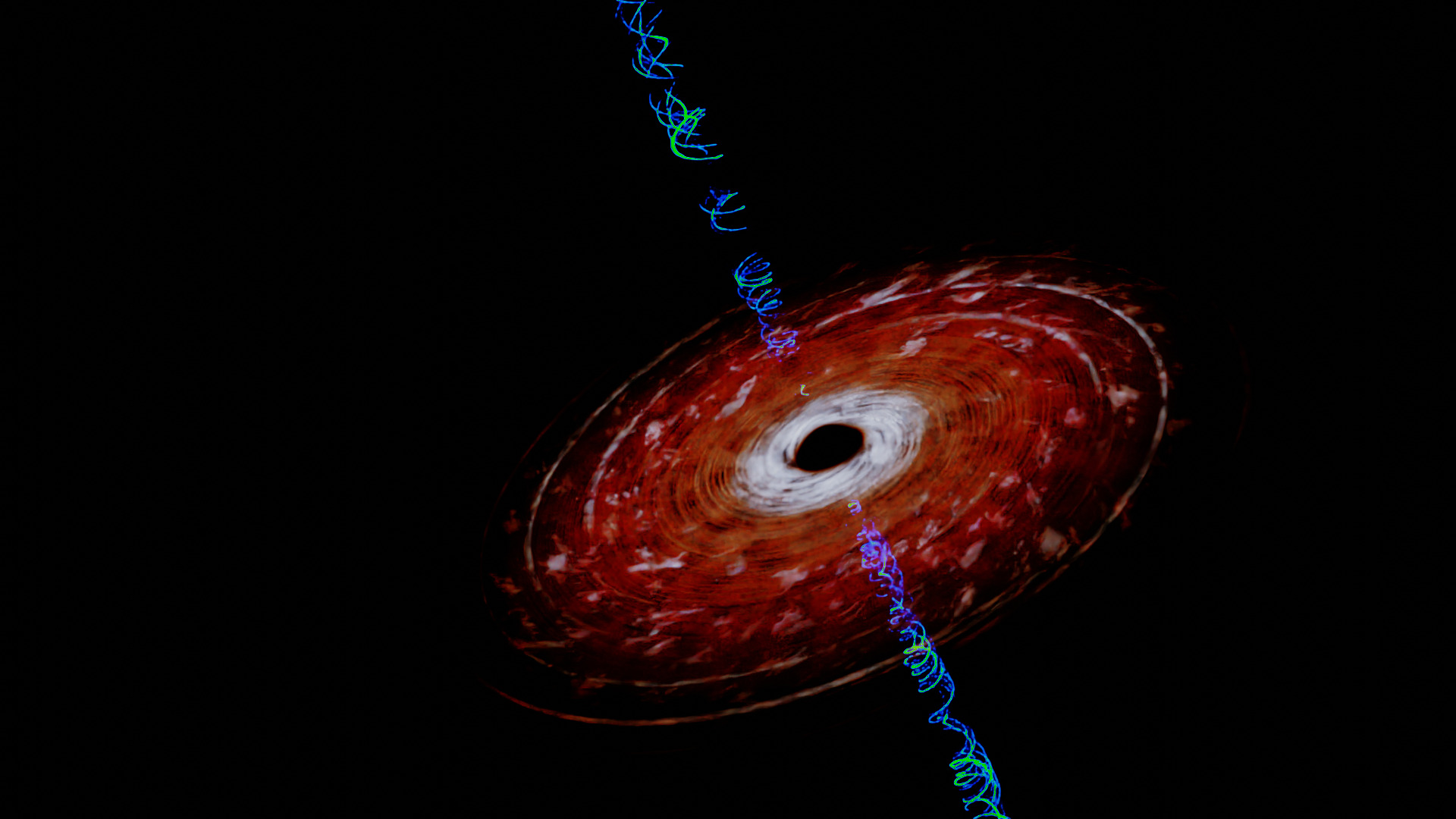 A black hole with a glowing accretion disk and polar jets